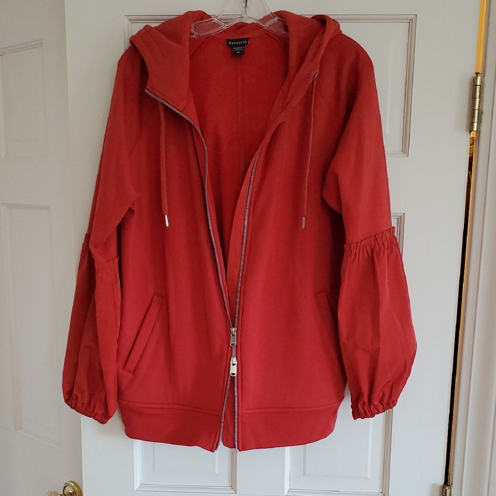 Athleta Burnt Orange Hooded Bomber Jacket with Balloon Sleeves...Like New